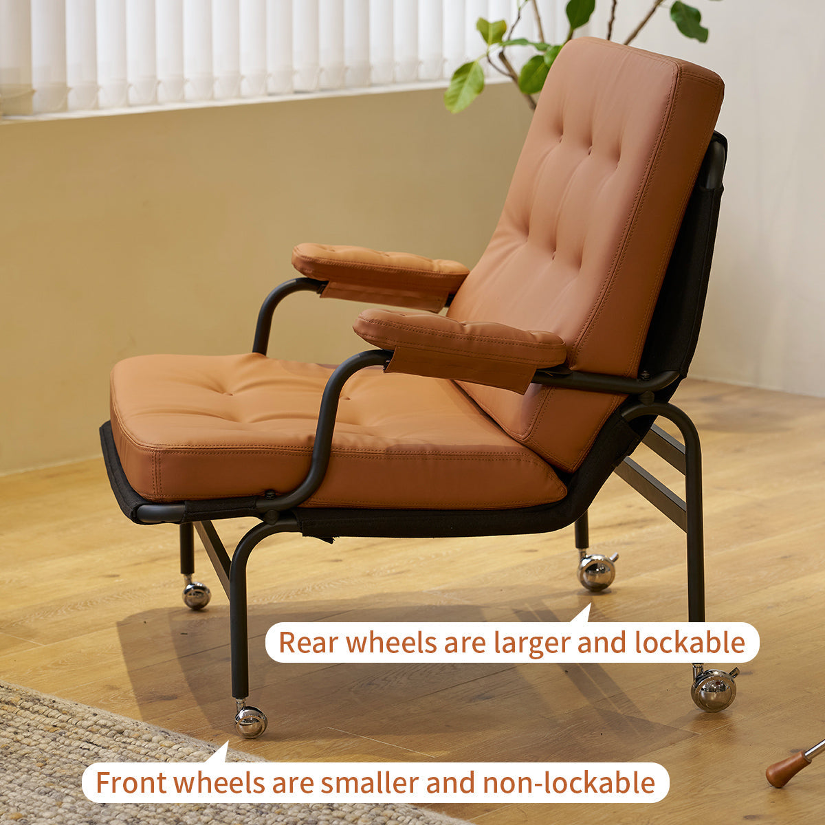 Living room chair with adhesive leather armrests, high backrest, metal legs, and soft padding (1 piece in brown) - Korvel