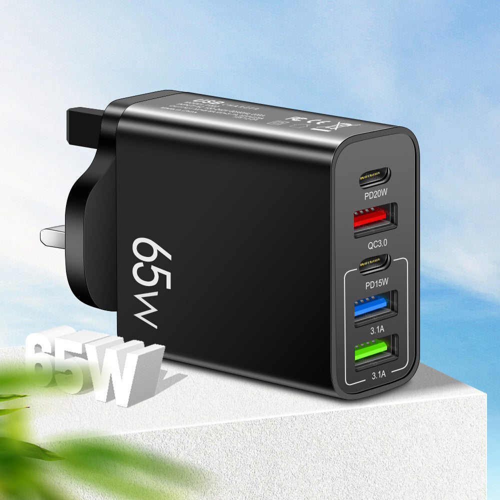 Standard PD65W mobile phone charger 4A type-c PD+3USB multi port European, American, English travel charging head - Korvel