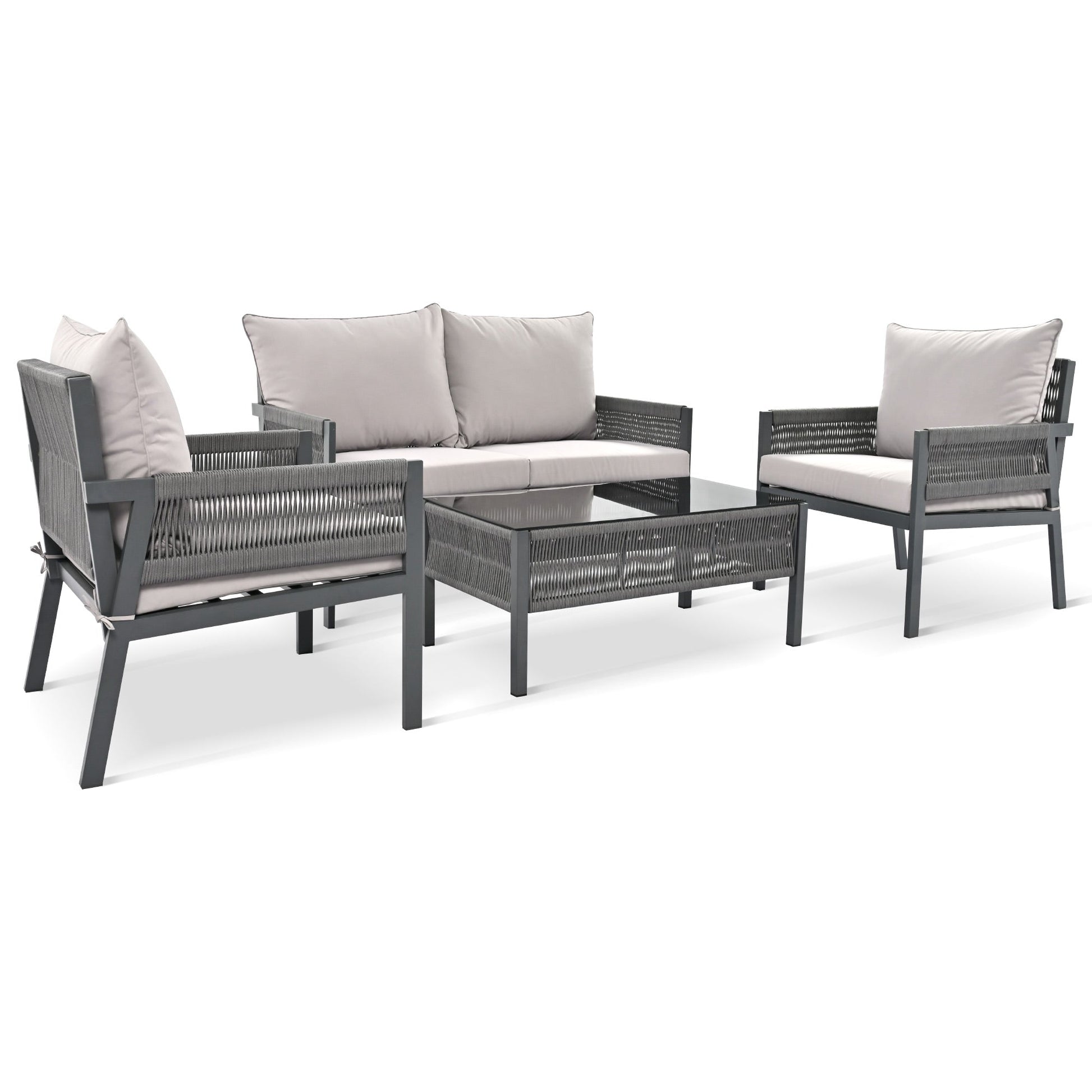 Outdoor Furniture with Tempered Glass Table Deep Seating with Thick Cushion for Backyard Porch Balcony (Grey) - Korvel