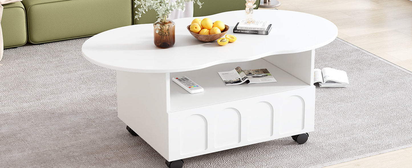 ON-TRANS flexible cream style coffee table with 2 brake wheels, drawers, large storage space, white, 39.37 '' x 23.6 '' - Korvel