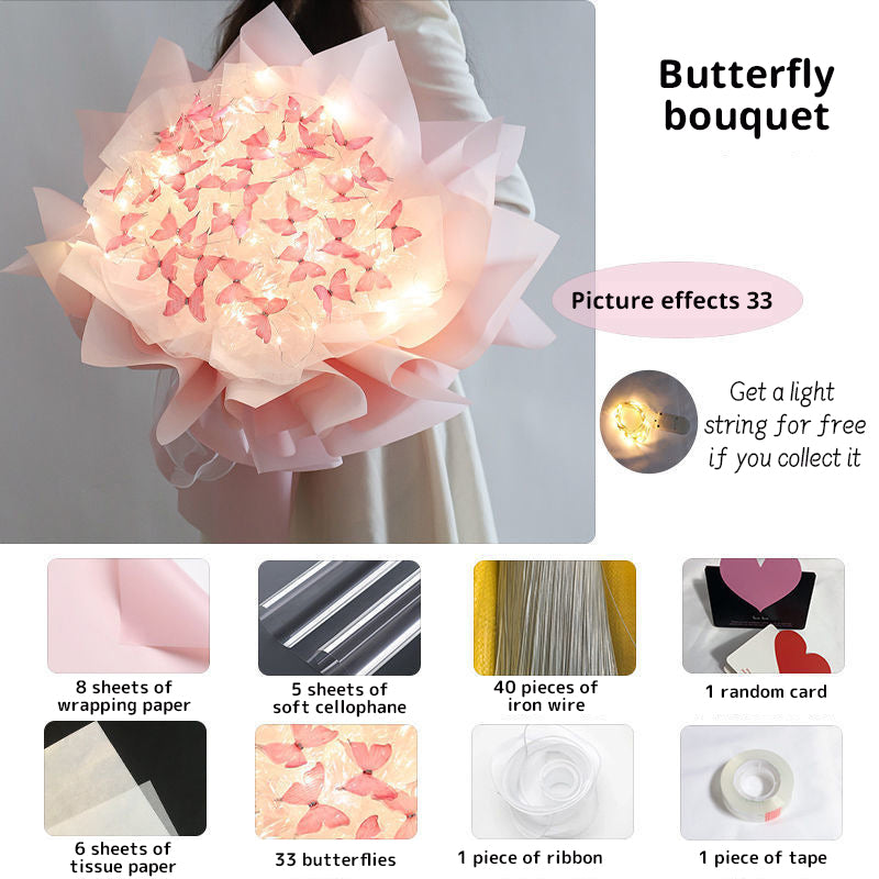 New DIY Butterfly Bouquets Handmade Butterfly Flower Material Package Bouquet with Light String Wedding Decor Gift for Girlfrien - Korvel