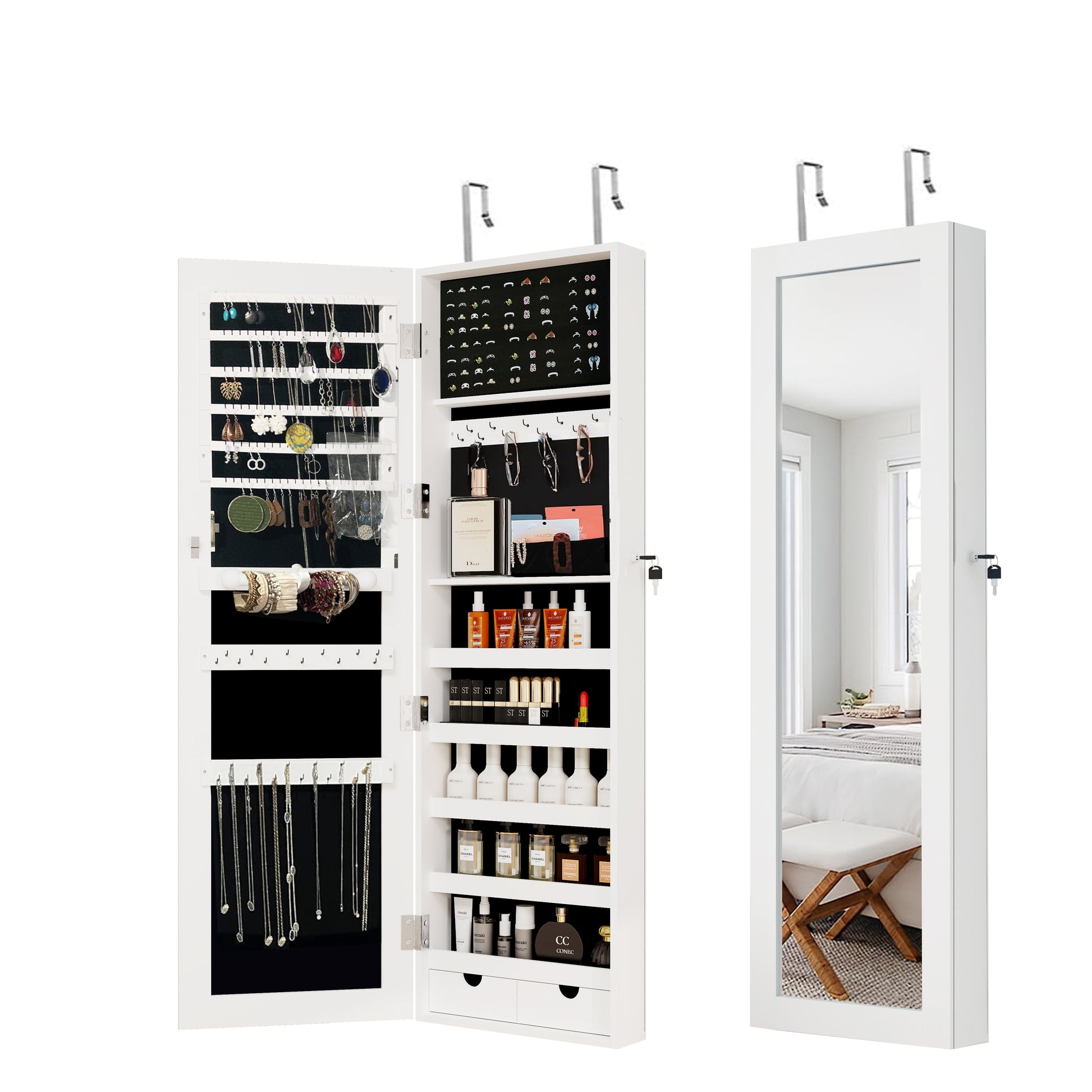 Mirror jewelry cabinet, 47.2-inch large capacity lockable jewelry organizer, wall mounted mirror, with white jewelry storage - Korvel