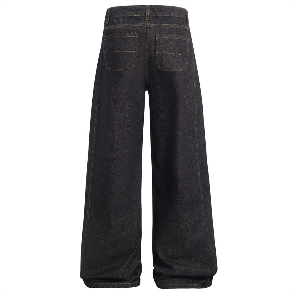 American High Street Design Denim Wide Leg Long Pants Men's Vibe Trendy Side Pleated Loose Casual Trousers - Korvel