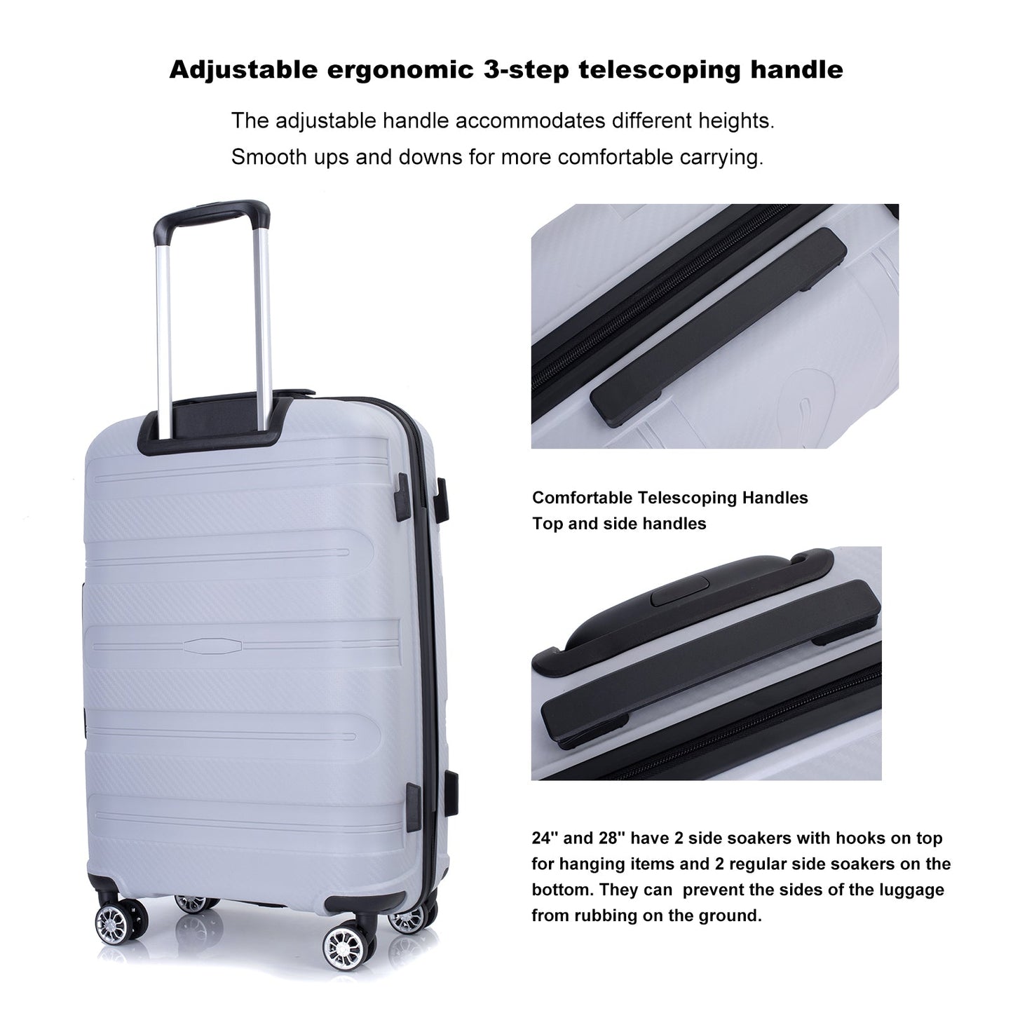 Hardshell Suitcase Spinner Wheels PP Luggage Sets Lightweight Durable Suitcase with TSA Lock,3-Piece Set (20/24/28) ,Silver - Korvel