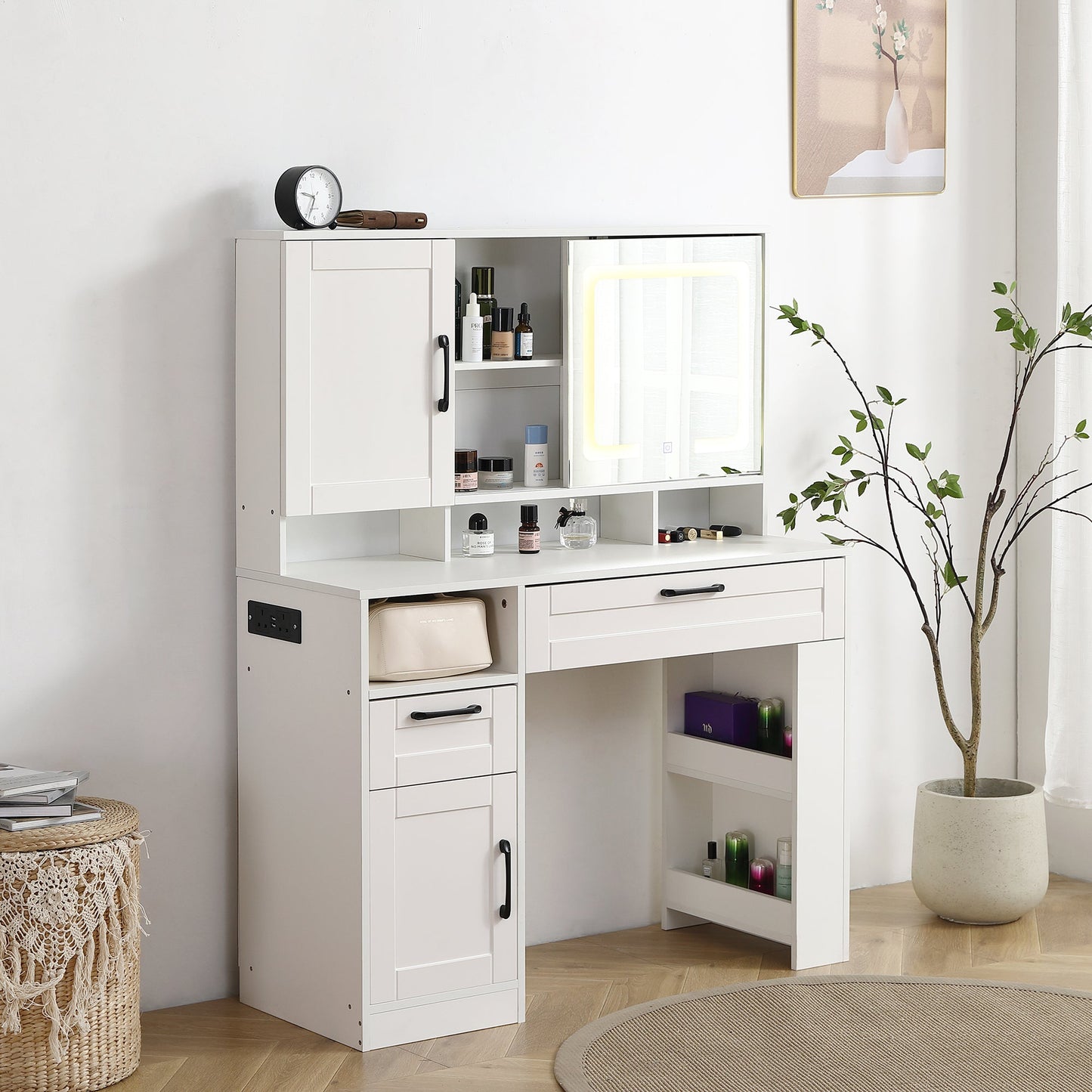 Vanity table with large sliding lighted mirror dressing table with 2 drawers storage shelves and upholstered stool white color - Korvel
