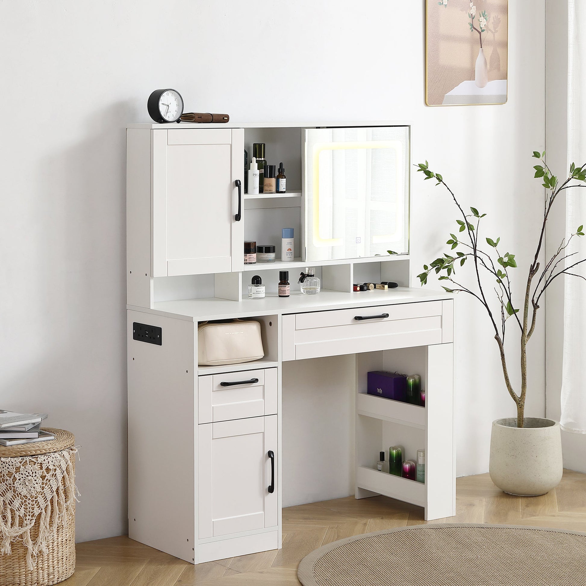 Vanity table with large sliding lighted mirror dressing table with 2 drawers storage shelves and upholstered stool white color - Korvel