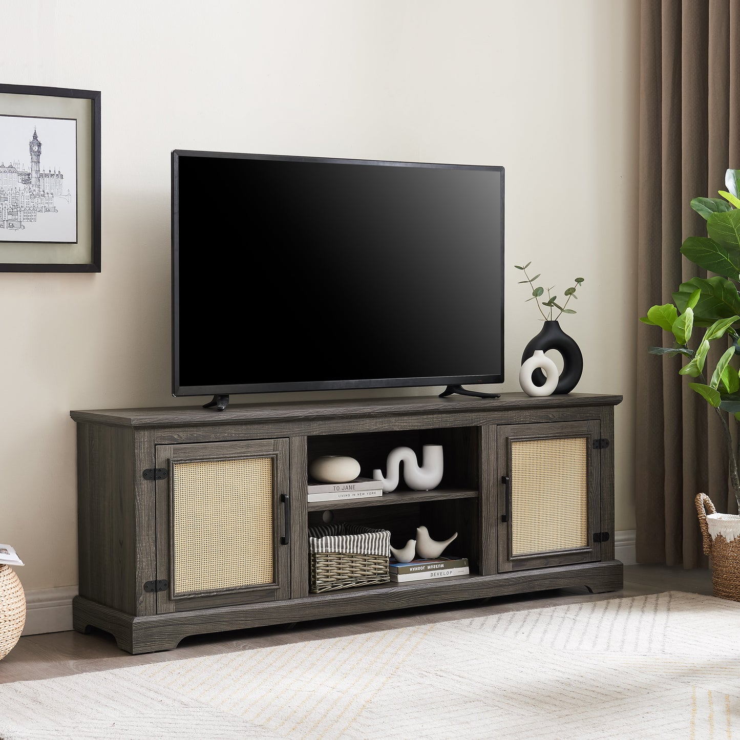 Vine TV stand console table, suitable for TVs under 70 inches, equipped with 2 storage shelves and 2 natural rattan doors, gray - Korvel