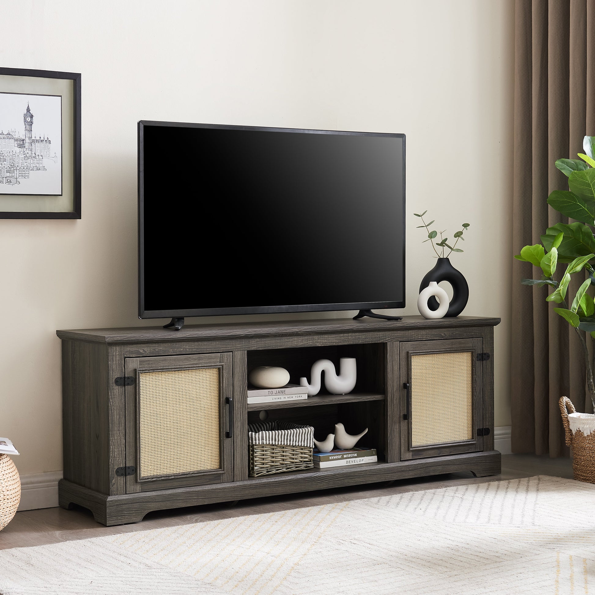 Vine TV stand console table, suitable for TVs under 70 inches, equipped with 2 storage shelves and 2 natural rattan doors, gray - Korvel