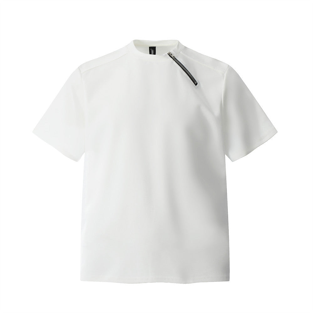 Zipper Design Heavyweight Short Sleeve T-Shirt Men's Loose Round Neck Half Sleeve Tee - Korvel