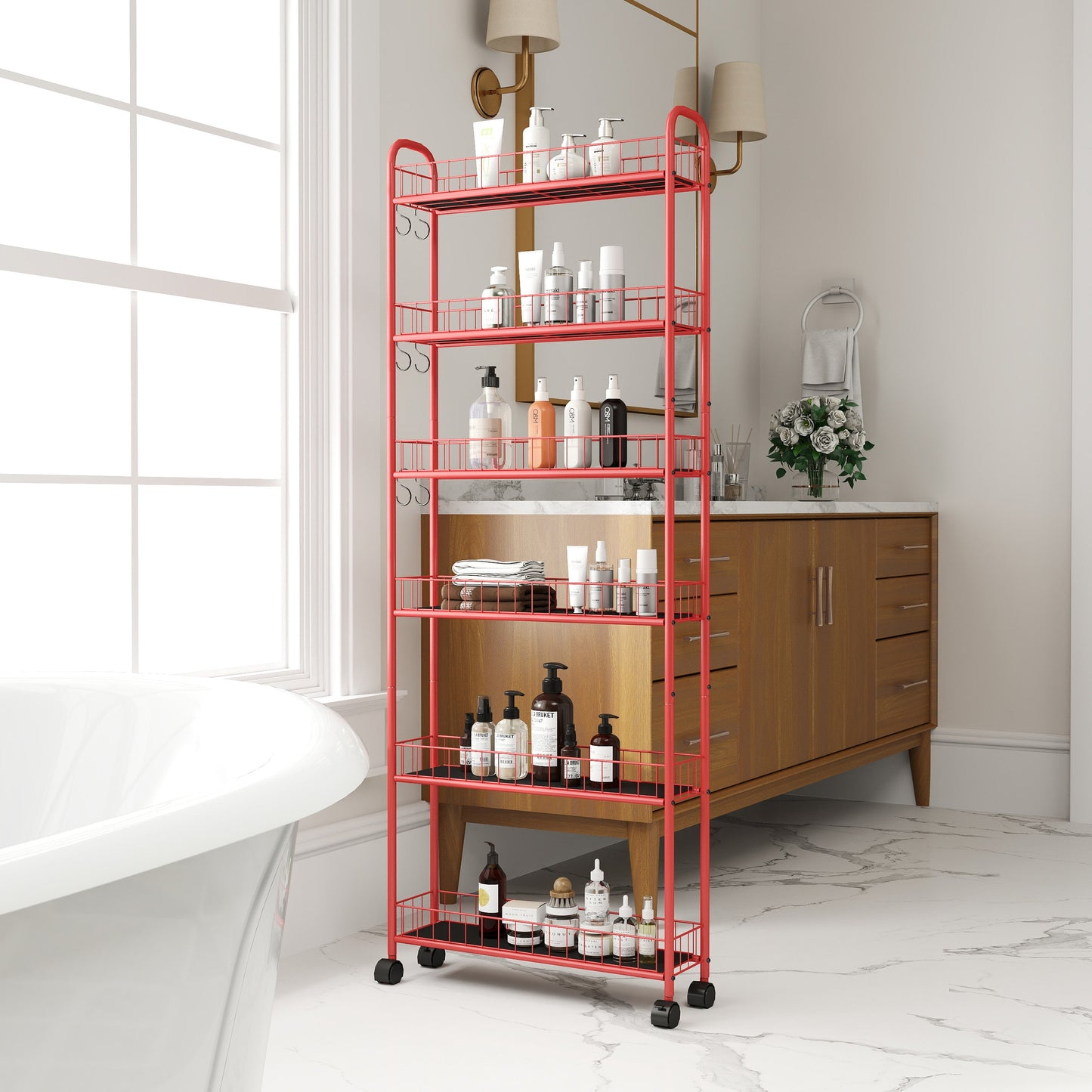 Red 6-story rolling cart gap kitchen ultra-thin sliding out storage tower shelf with wheels, 6 baskets - Korvel