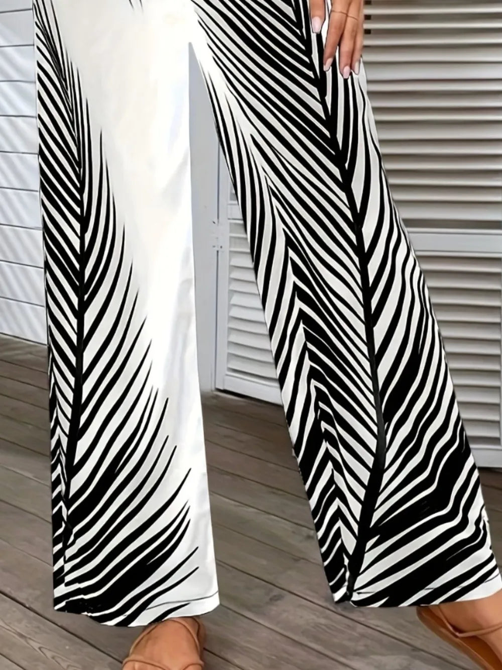Elegant Striped Leaf Print Wide Leg Pants for Women