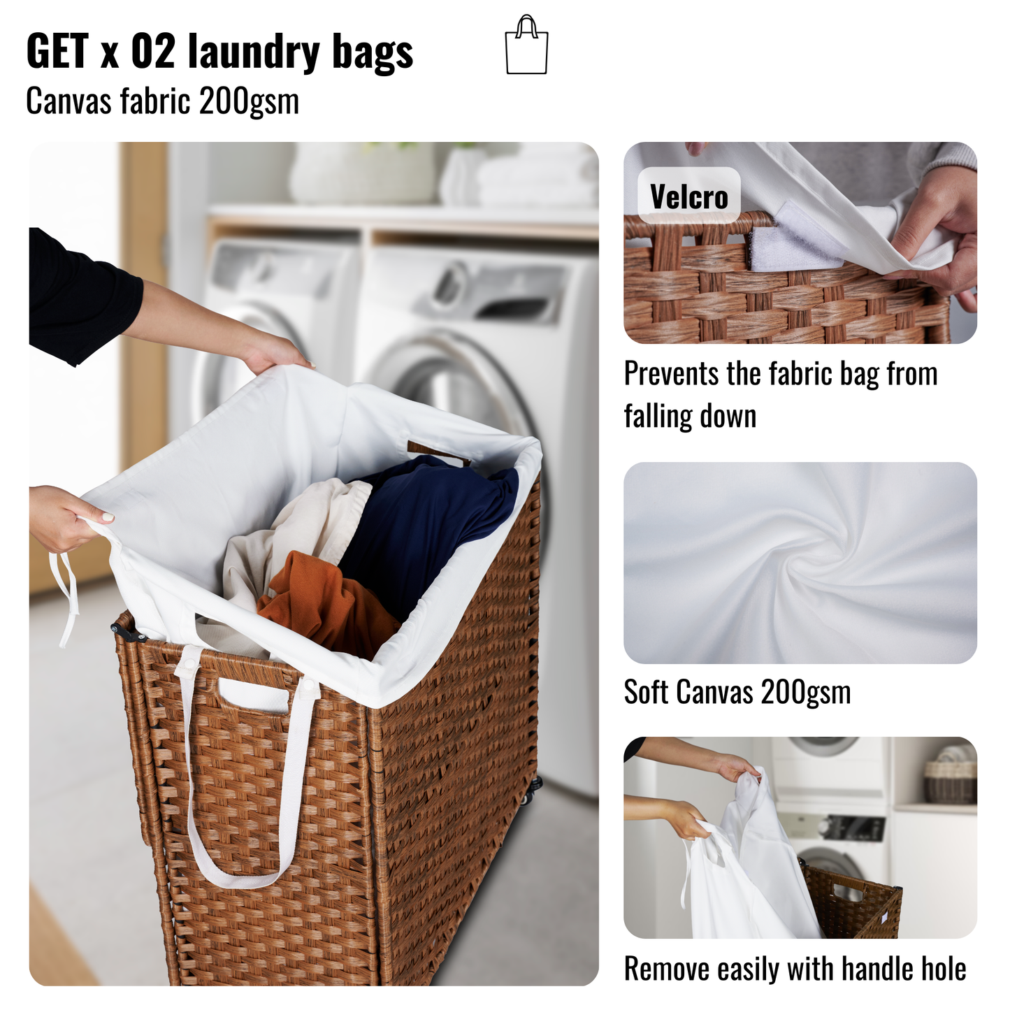 Laundry Hamper With Lid PE Rattan Powder Coating Frame Clothes Hampers with 02 Removable Bags, Wheels, 160L, Brown Color - Korvel