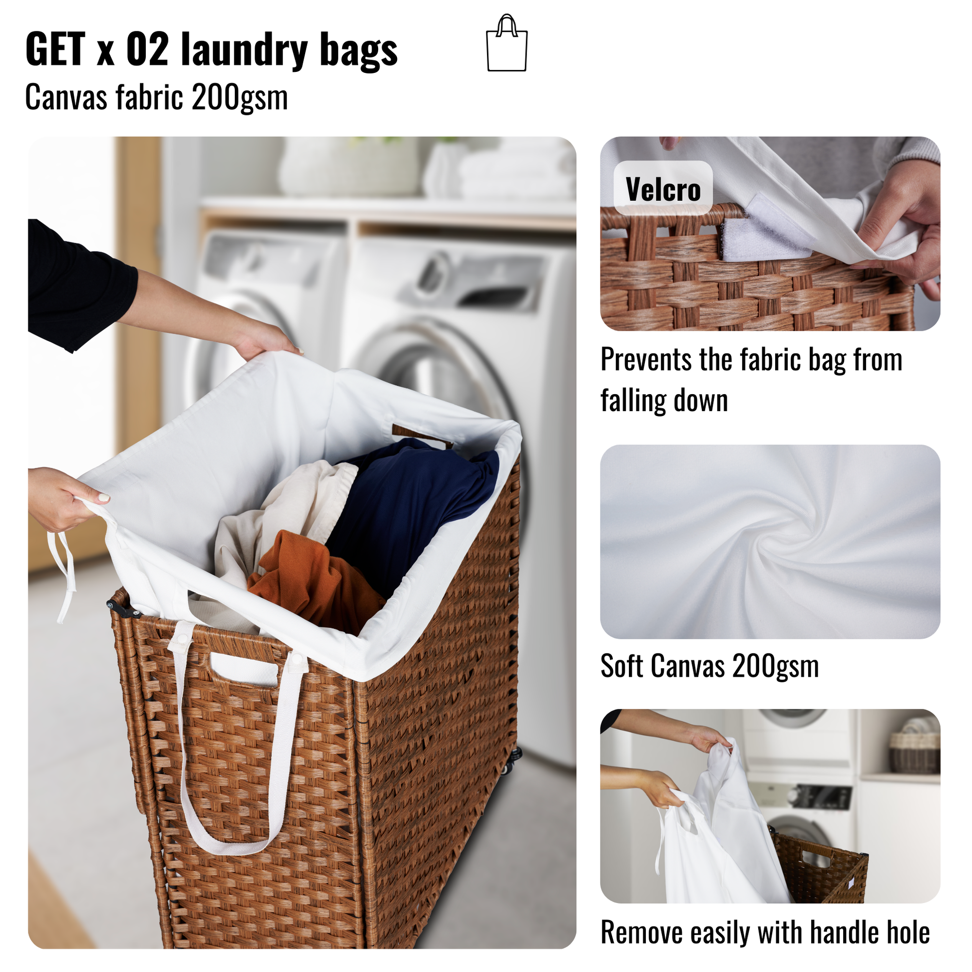 Laundry Hamper With Lid PE Rattan Powder Coating Frame Clothes Hampers with 02 Removable Bags, Wheels, 160L, Brown Color - Korvel