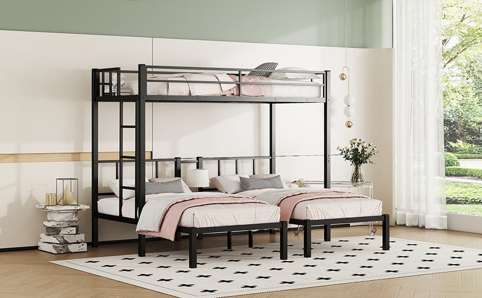 Twin over Twin & Twin Bunk Beds for 3, Twin XL over Twin & Twin Bunk Bed Metal Triple Bunk Bed, Black - Korvel