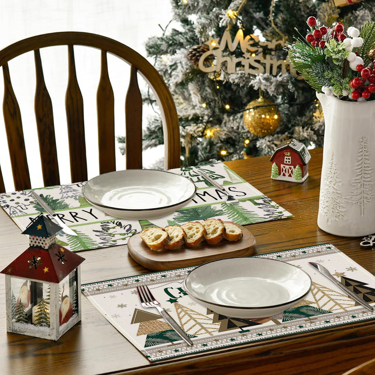 Christmas Tree Print Linen Placemats for Festive Dining