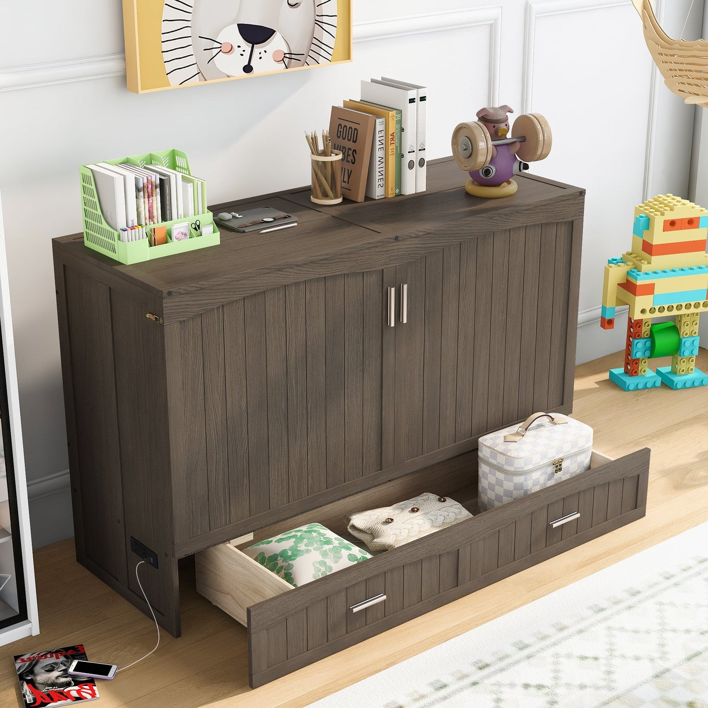 Queen Size Murphy Bed with Built-In Charging Station  Antique Grey - Korvel