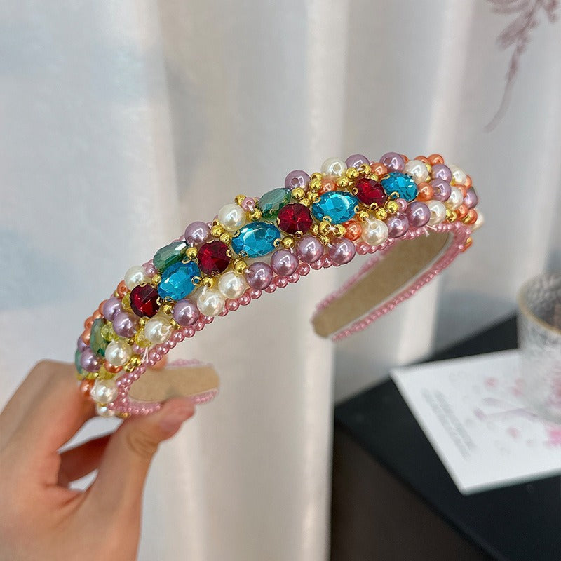 New handmade beaded crystal pearl retro exaggerated internet celebrity hot selling thin edge hair accessories - Korvel