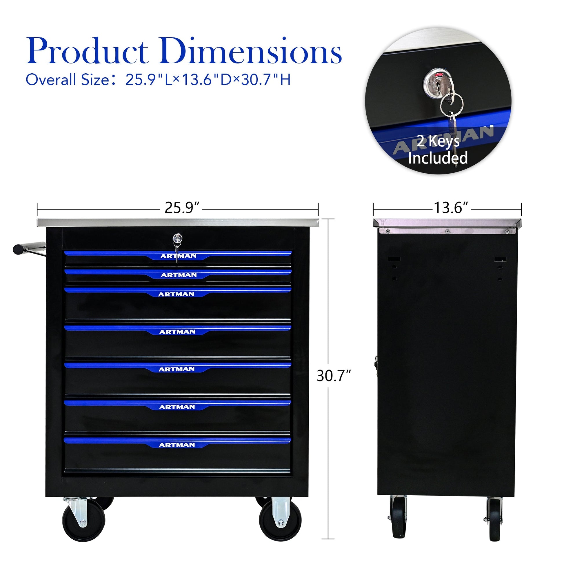 7 DRAWERS MULTIFUNCTIONAL TOOL CART WITH WHEELS-BLACK+BLUE - Korvel