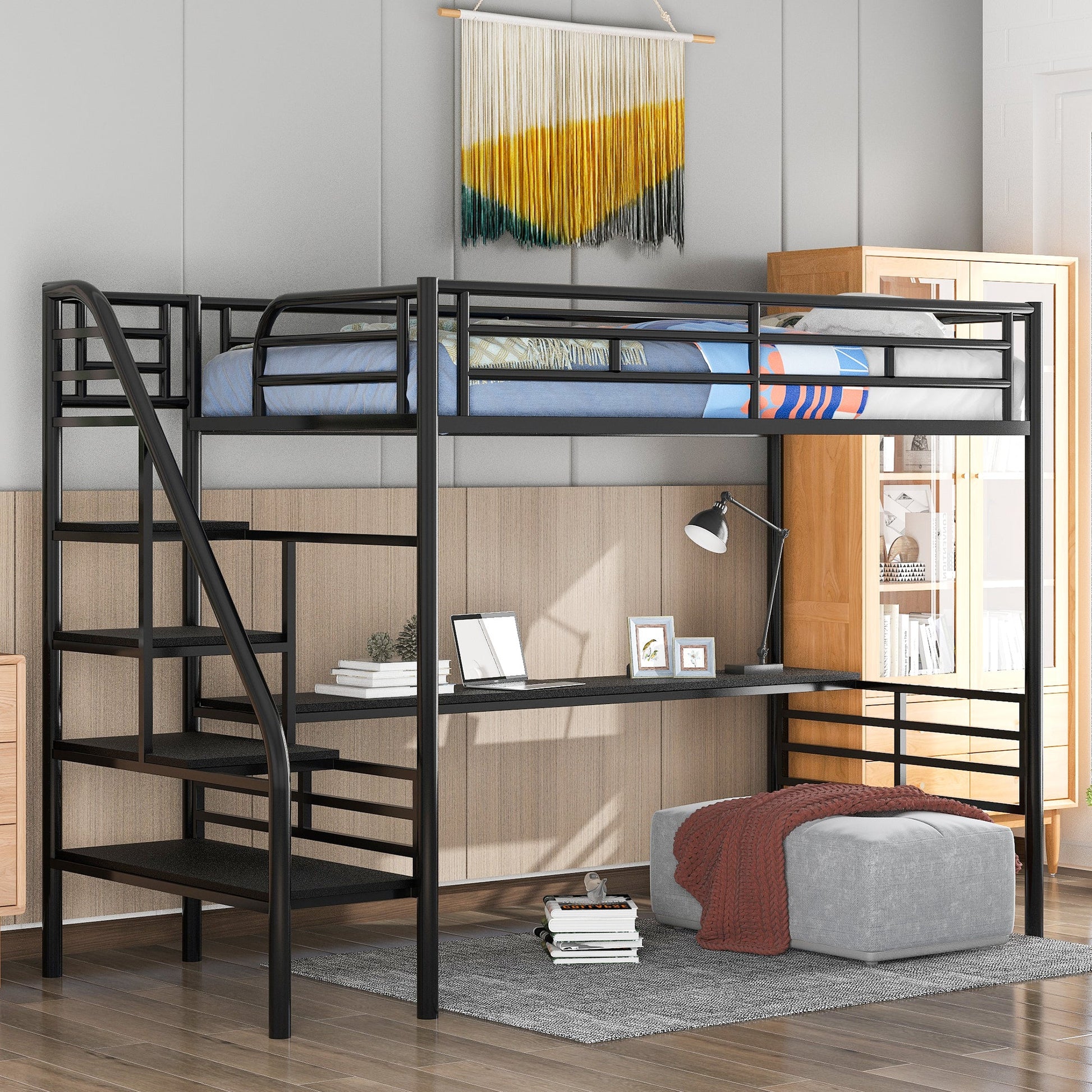 Metal Loft Bed Frame with Desk  No Box Spring Needed Twin Black - Korvel