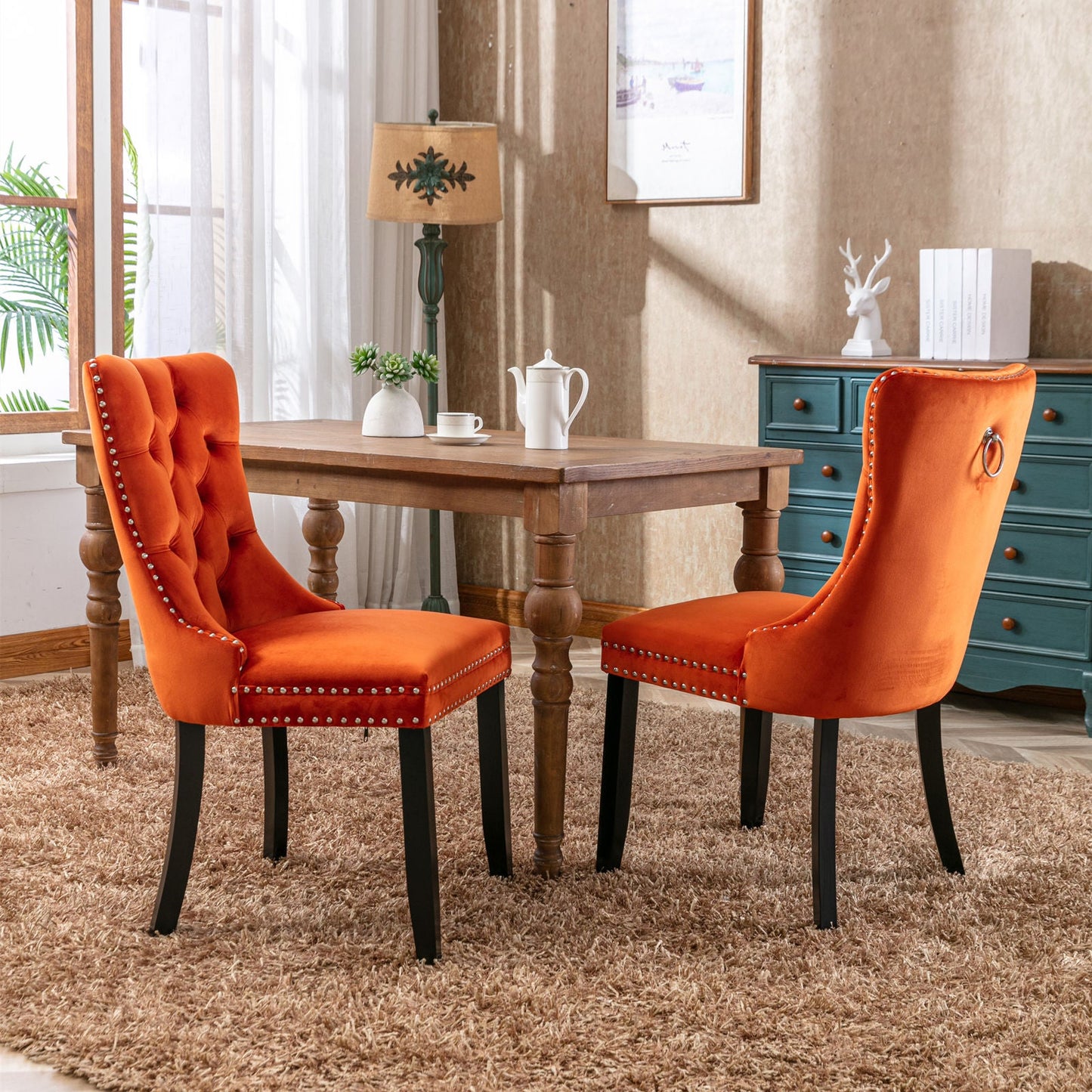 Premium Velvet Upholstered Dining Chair Set - Orange