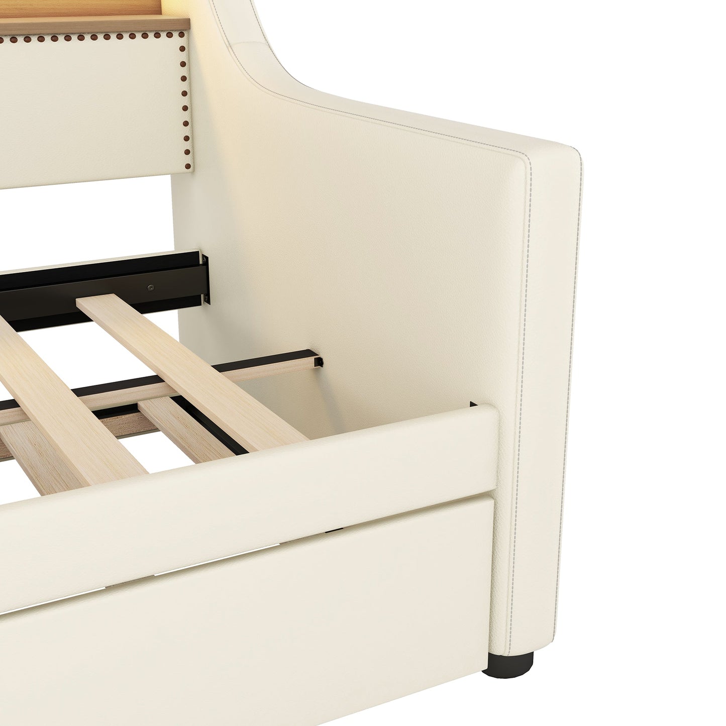 Twin Size Daybed with Trundle, Upholstered Daybed with Charging Station and LED Lights, White - Korvel