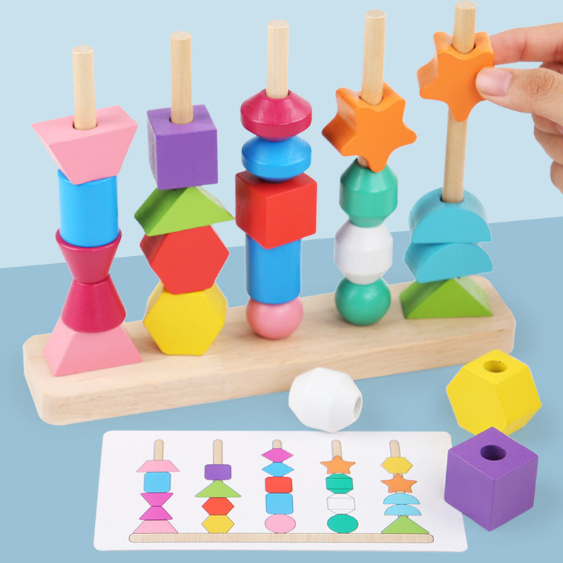 Wooden children's puzzle bead toys with five sets of column colors, sensory enlightenment, shape perception, and building block toys - Korvel