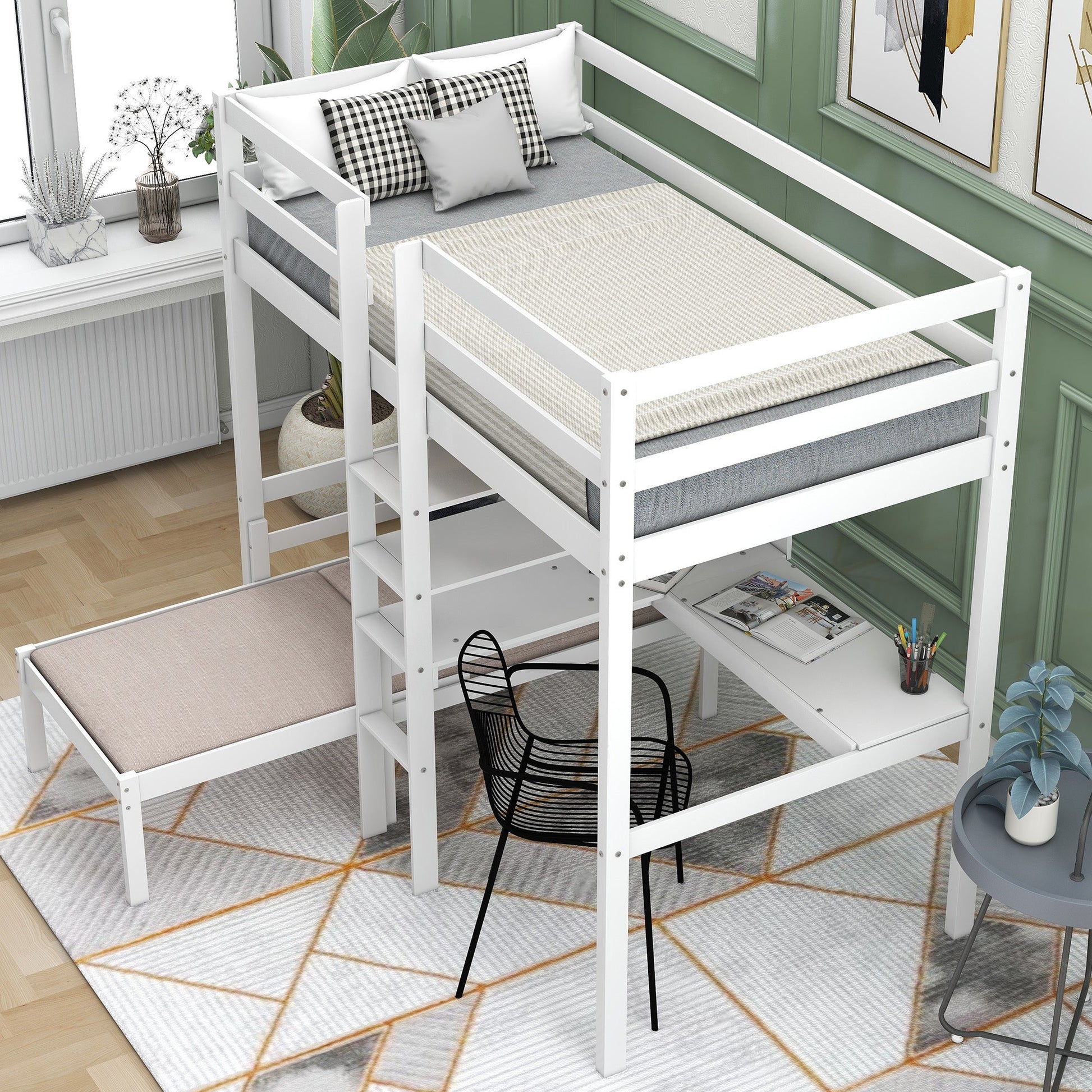 Convertible Loft Bed with L-Shape Desk, Twin Bunk Bed with Shelves and Ladder White - Korvel