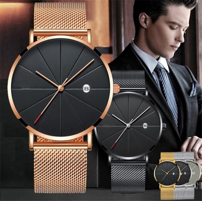 Simple Men's Watch Stainless Steel Mesh Band Watches Classic Quartz Date Wristwatch Casual Luxury Masculino Relogios - Korvel