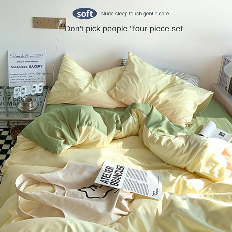 Solid Color Simple Four-Piece Set Flannel Quilt Cover INS Style Quilt Cover Dormitory Summer Washed Cotton Bedding Three-Piece Set - Korvel