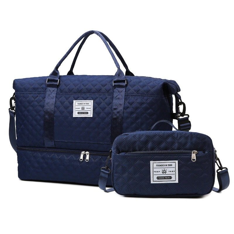 Large-Capacity Quilted Travel Duffel Bag with Embroidered Handle