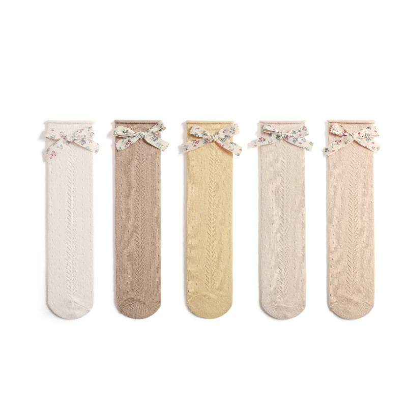 Hollow Mesh Floral Bow Princess Socks Combed Cotton Girls Stockings - Korvel