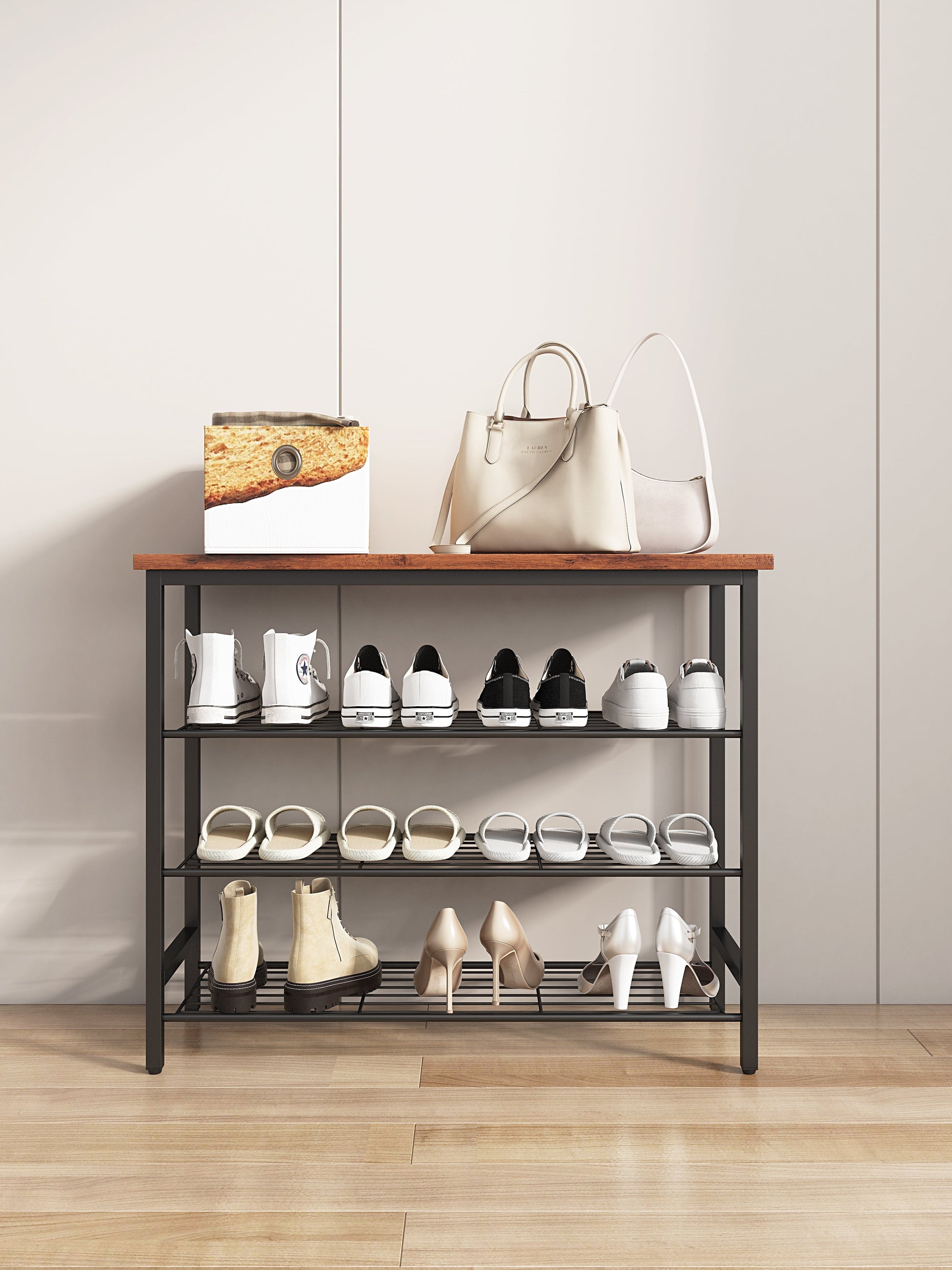 DN 4-Tier Metal Shoe Rack, Modern Multifunctional Shoe Storage Shelf with MDF Top Board, 1 pc per carton - Korvel