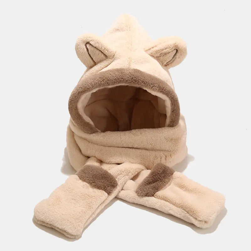 Gorro de Invierno de Peluche Adorable con Bufanda y Manoplas