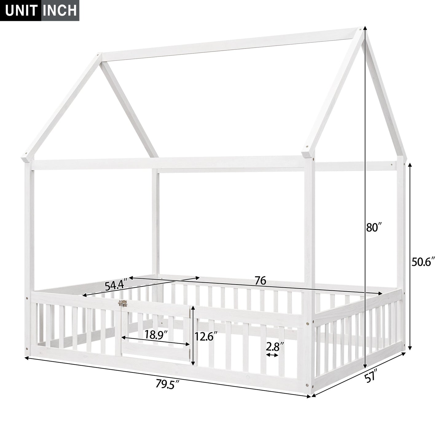 Full Size Wood House Bed with Fence and Door White Wash - Korvel
