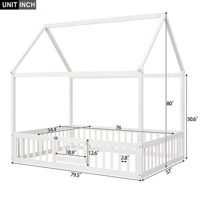 Full Size Wood House Bed with Fence and Door White Wash - Korvel