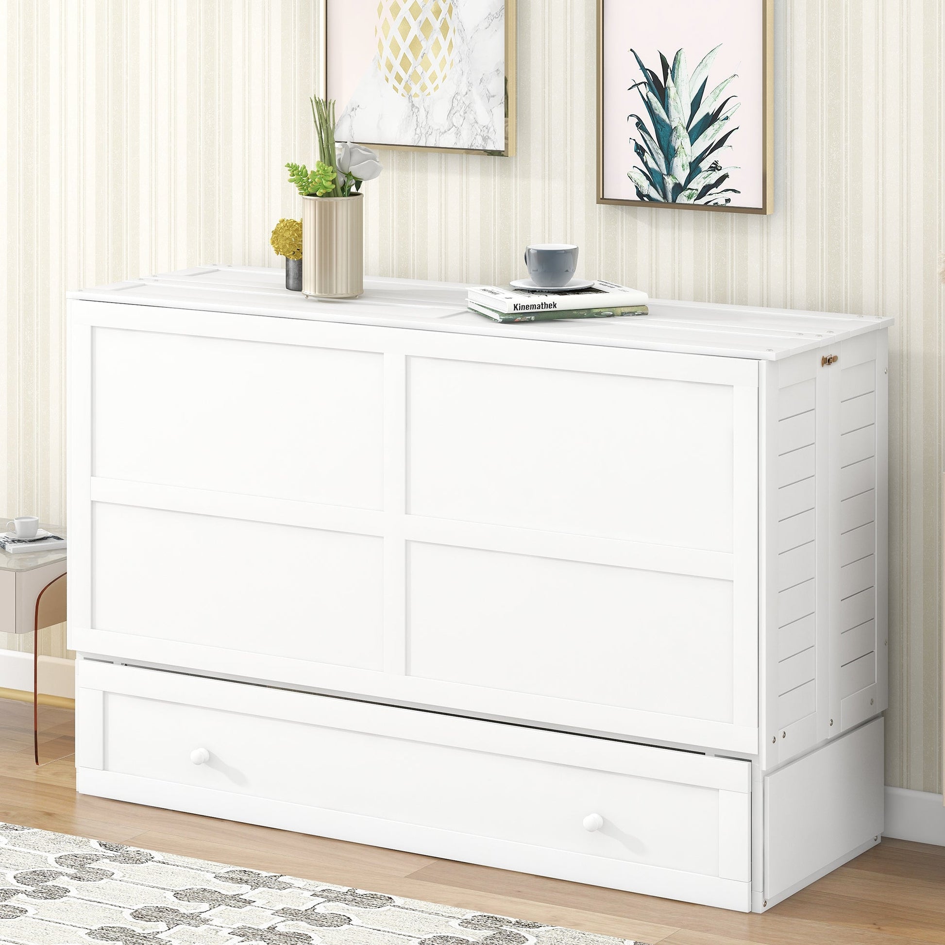 Queen Size Mobile Murphy Bed with Drawer and Little Shelves on Each Side White - Korvel