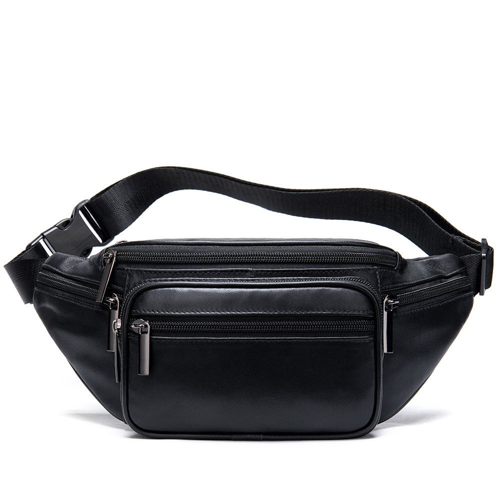 Men's sheepskin waist bag outdoor black mobile phone sheepskin bag leisure sports crossbody chest bag - Korvel