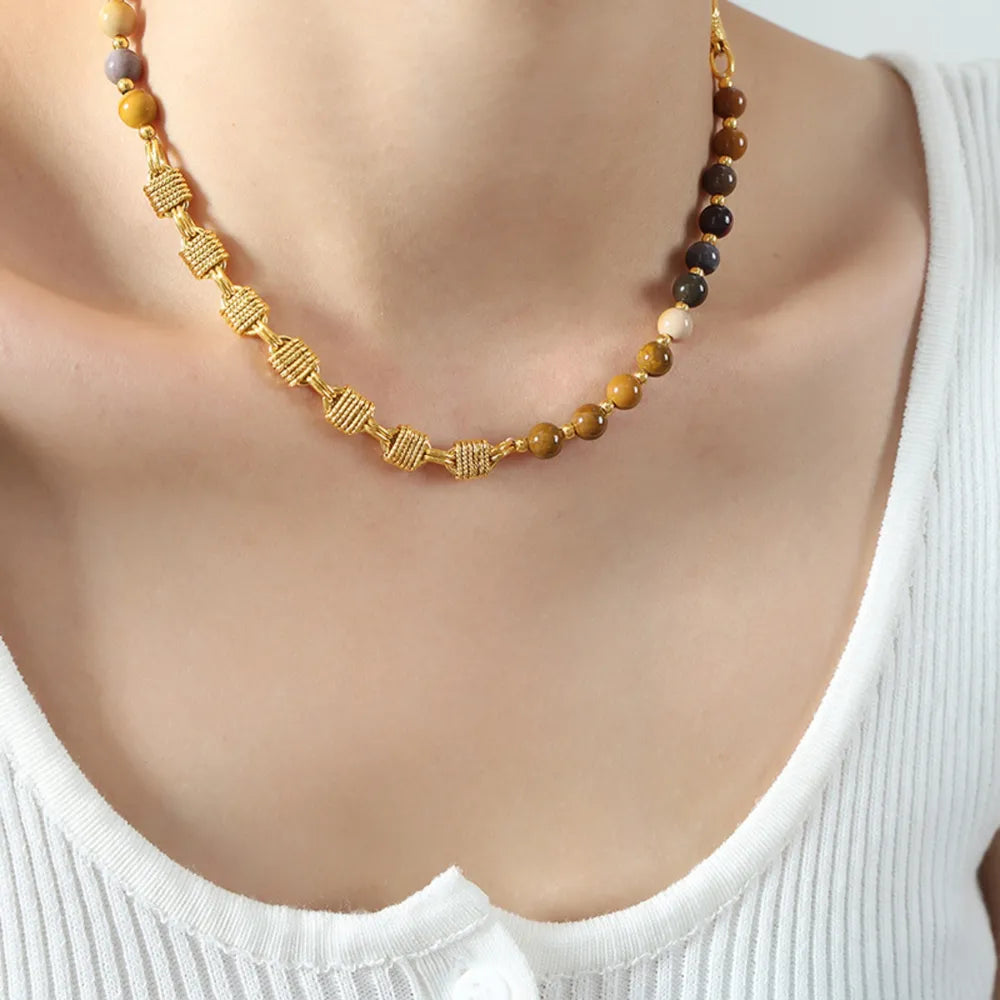 Collier en Chaîne de Perles d'Agate Élégant en Acier Titane Plaqué Or