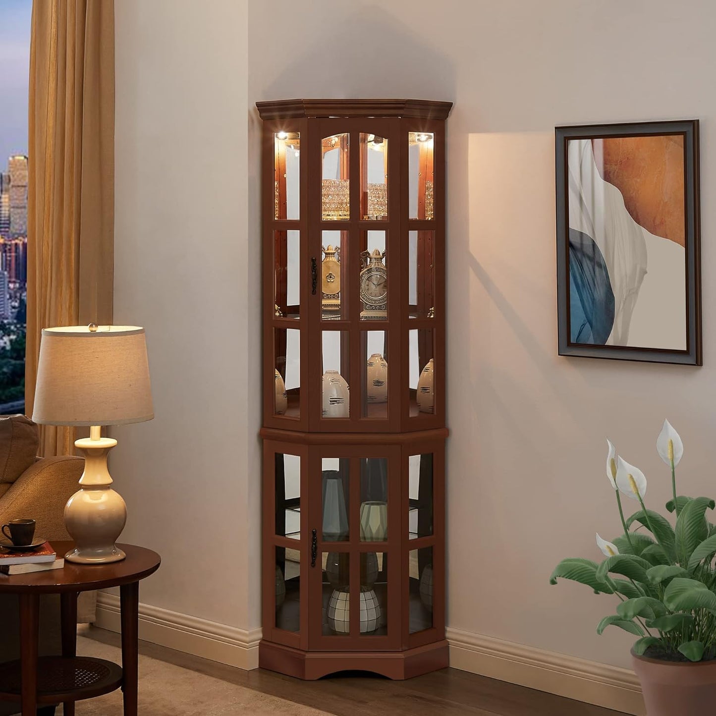 Corner Curio Cabinet with 5 Shelves and Lighting System, Walnut(E26 light bulb not included) - Korvel