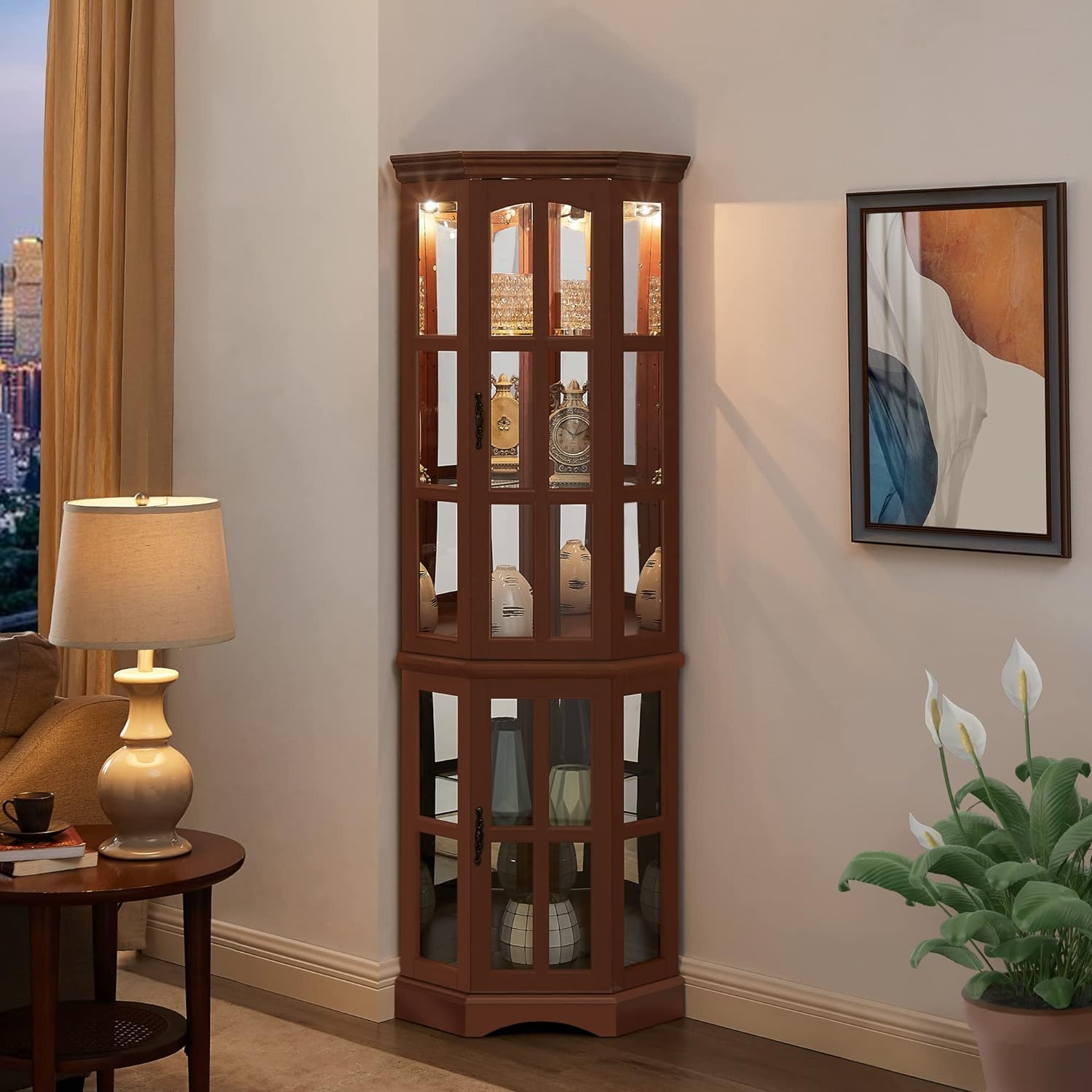 Corner Curio Cabinet with 5 Shelves and Lighting System, Walnut(E26 light bulb not included) - Korvel