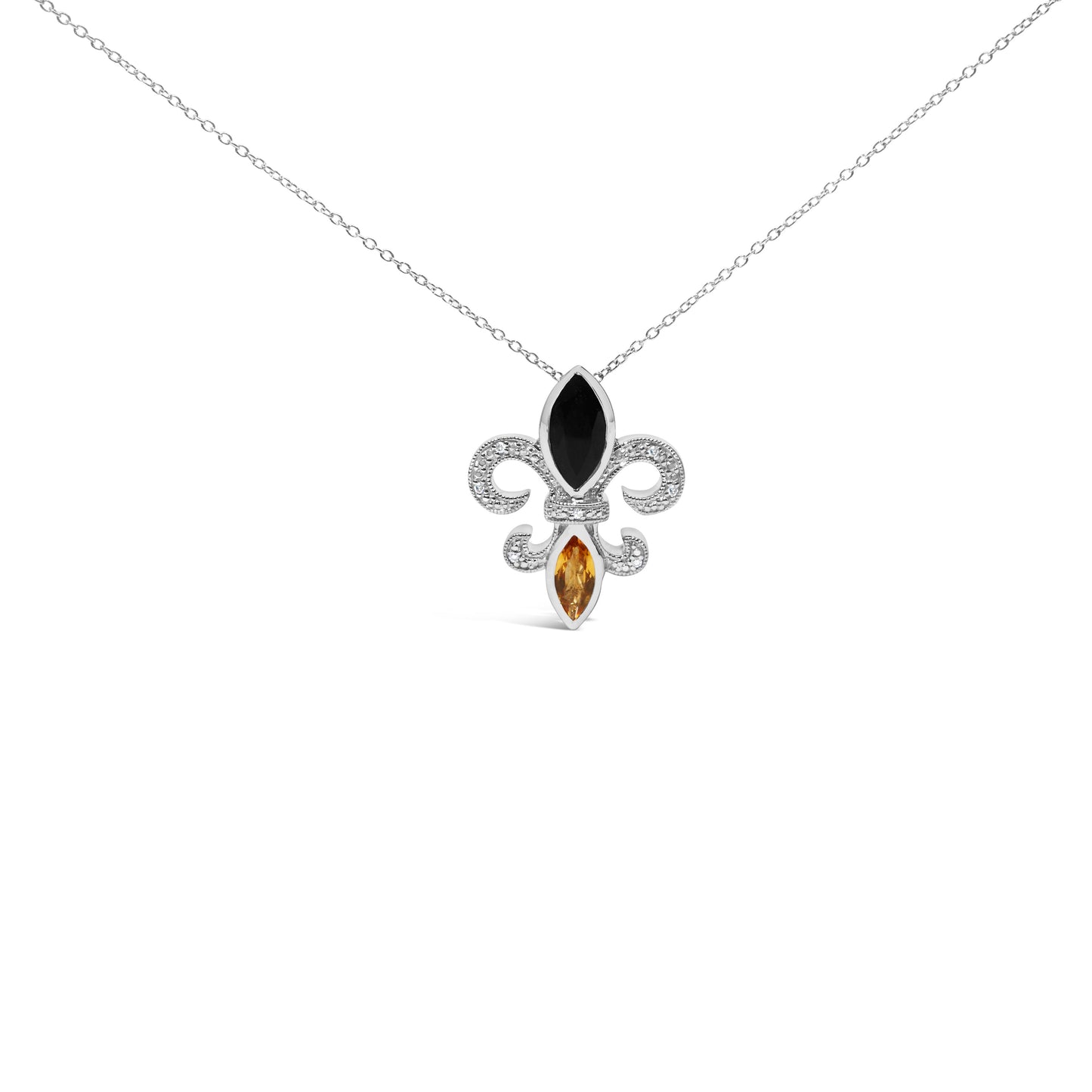 Collier Pendentif Fleur De Lis en Argent Sterling .925 avec Onyx, Citrine et Diamants