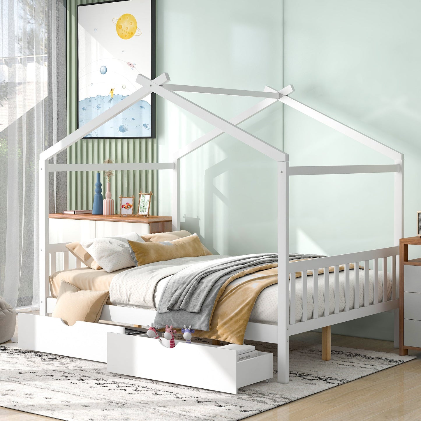 Full Size House Platform Bed with Two Drawers Headboard and Footboard,Roof Design White - Korvel