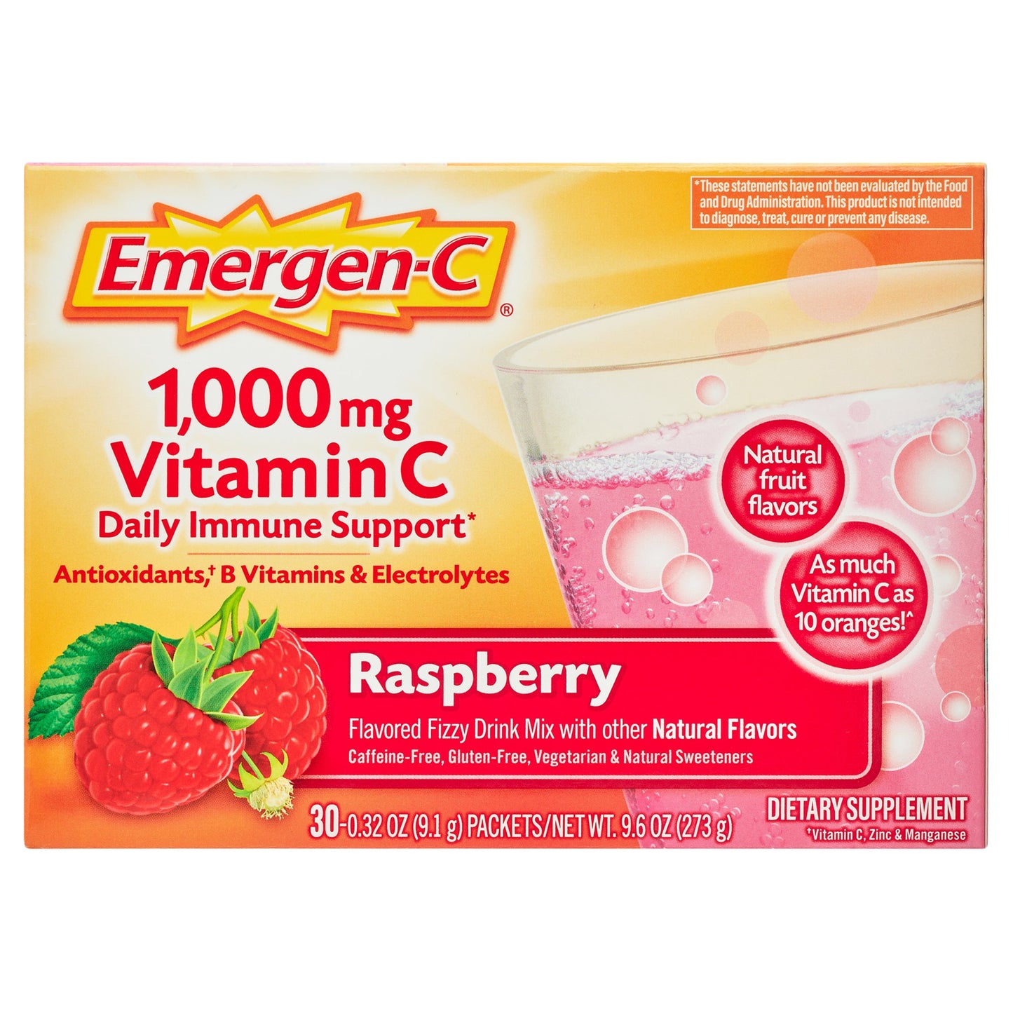 Emergen-C Mezcla de Bebida Efervescente de Vitamina C - Sabor Frambuesa, 30 Paquetes