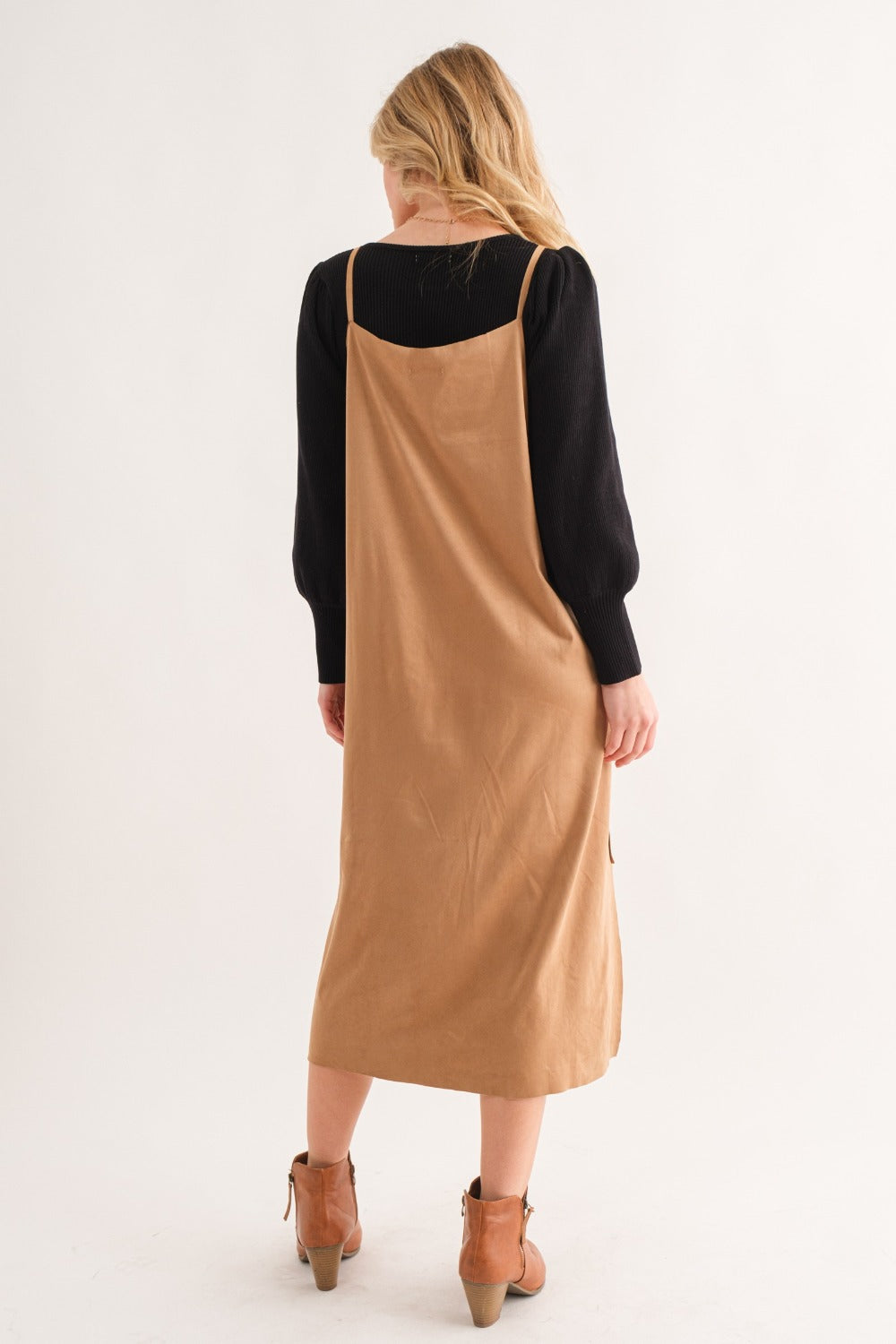 Chic Faux Suede Slit Midi Dress – Elegant Cami Dress for Every Occasion - Korvel