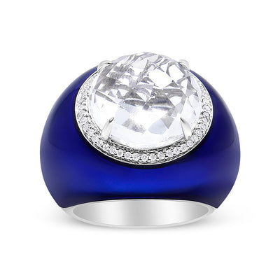 18K White Gold Quartz and Diamond Halo Ring with Blue Enamel - Size 7