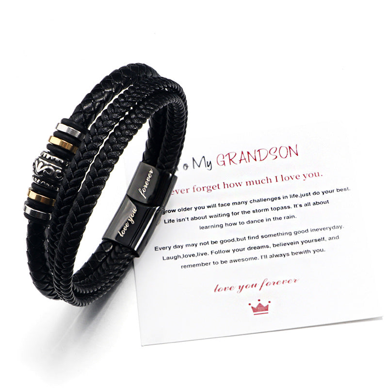 Men's Multi-Layer Woven Bracelet in Stainless Steel and Leather