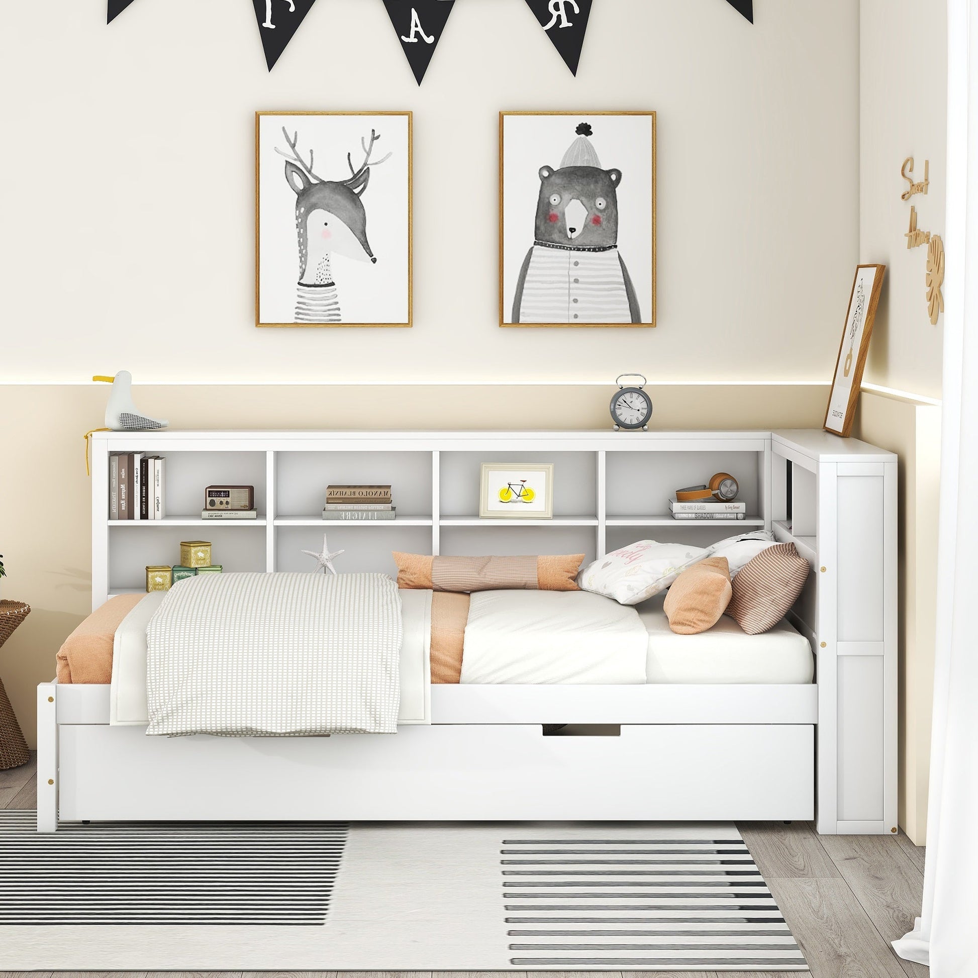 Wooden Twin Size DayBed with Twin Trundle, DayBed with Storage Shelf and USB Charging Ports,White - Korvel