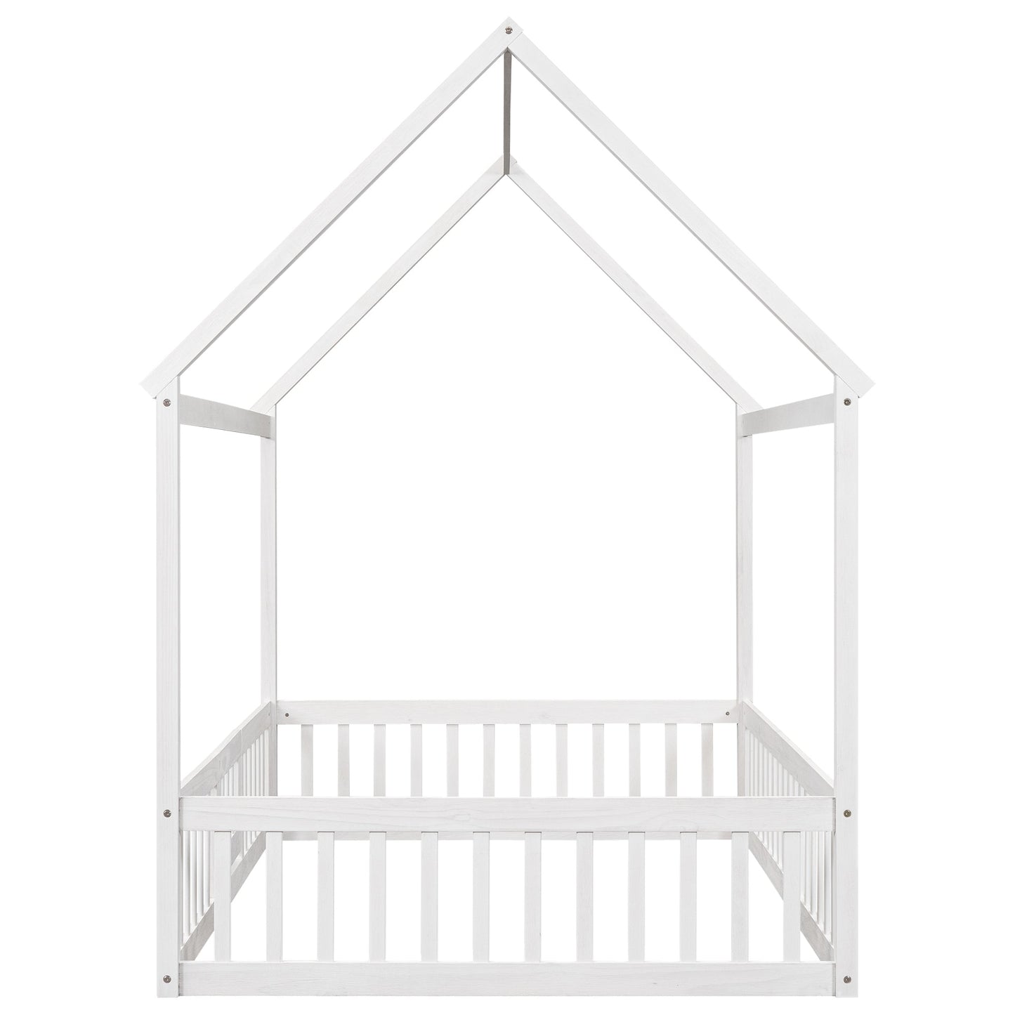 Full Size Wood House Bed with Fence and Door White Wash - Korvel