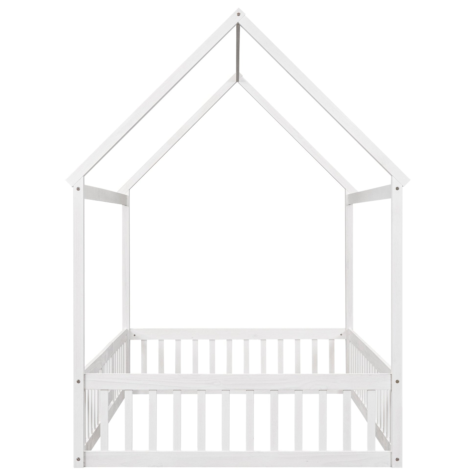 Full Size Wood House Bed with Fence and Door White Wash - Korvel