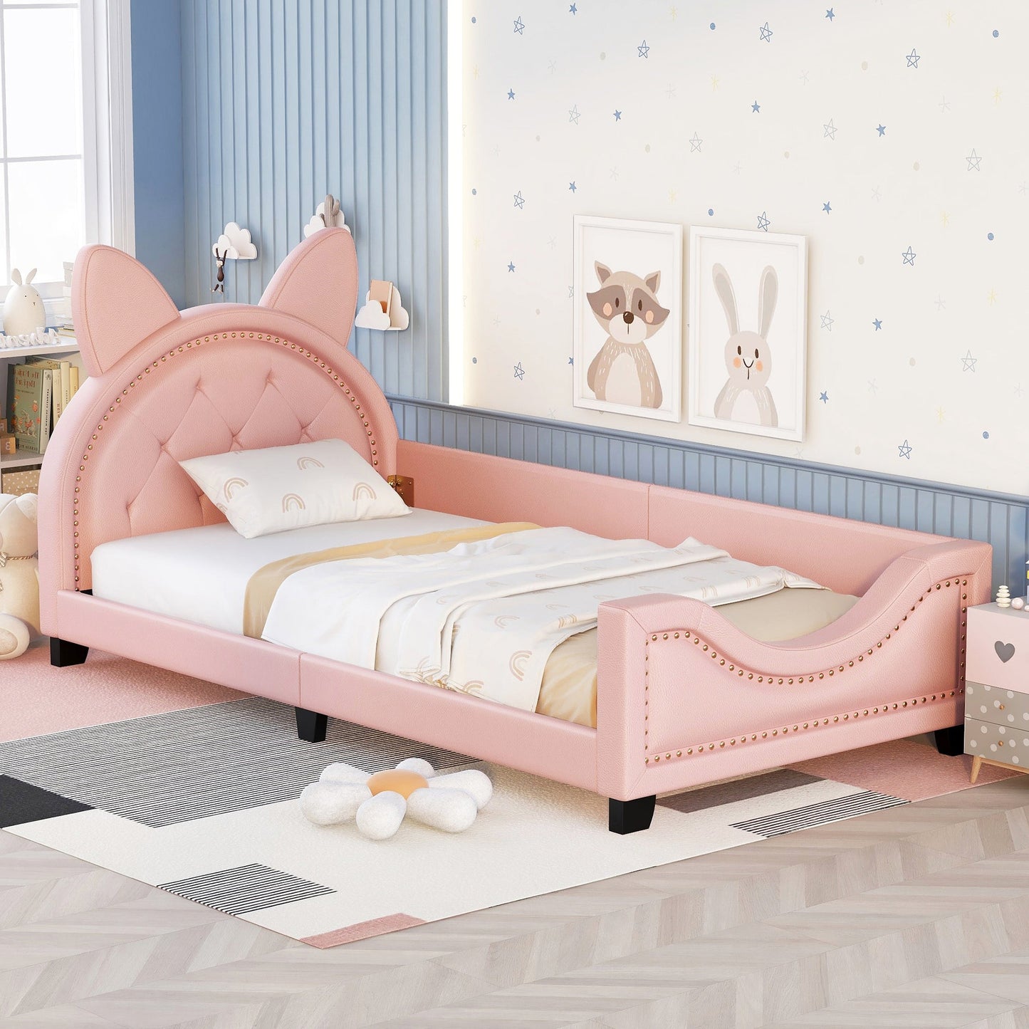 Twin Size Upholstered Daybed with Carton Ears Shaped Headboard  Pink - Korvel